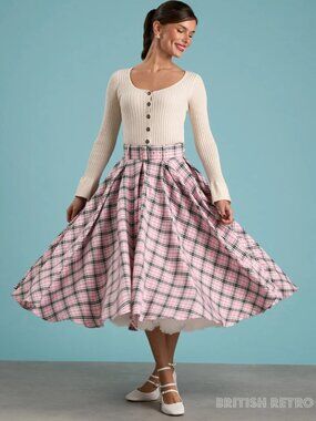 NWT British Retro Wanda Pleated Baby Pink Check 50s Style Skirt US 12 Rockabilly